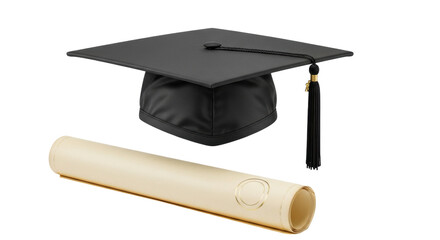 Isolated Graduation cap and diploma, symbolic of academic achievement and success