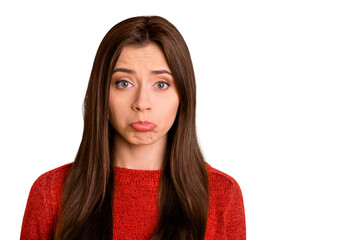 Close up photo of disappointed upset girl have disagreement with her boyfriend feel guilty sorry...