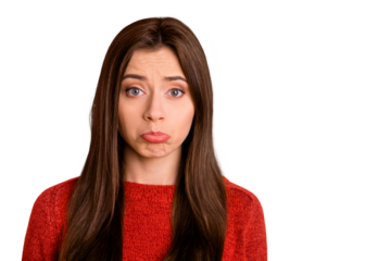 Close up photo of disappointed upset girl have disagreement with her boyfriend feel guilty sorry cry wear red pullover isolated over yellow color background
