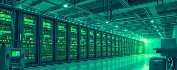Inside a data center, servers arranged in an organized fashion, the server racks are emitting a beautiful green light