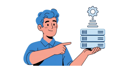 Isolated cartoon man pointing to server disks being held in the air running system settings