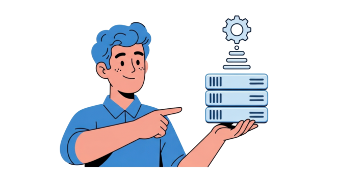 Isolated cartoon man pointing to server disks being held in the air running system settings