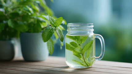 Calm urban farming lifestyle with fresh basil tea. This healthy drink from green herb plant provides moment of refreshing tranquility on wooden table