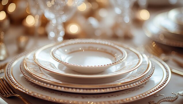 Elegant table setting with stacked fine china, gold accents, and blurred background
