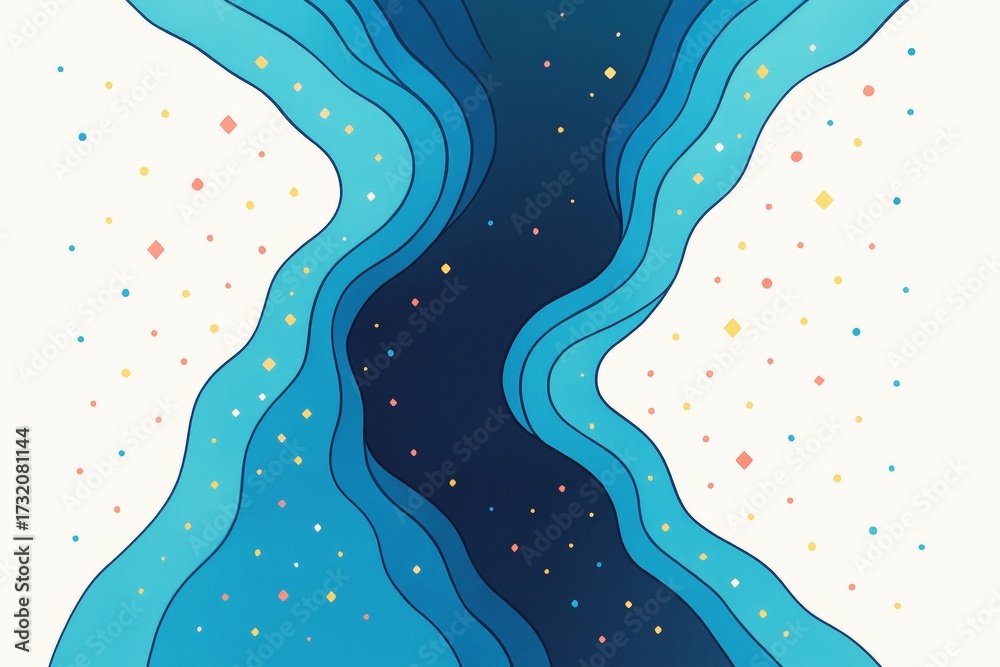 Wall mural abstract wavy blue shapes with colorful dots on a light background forming a creative flowing patter