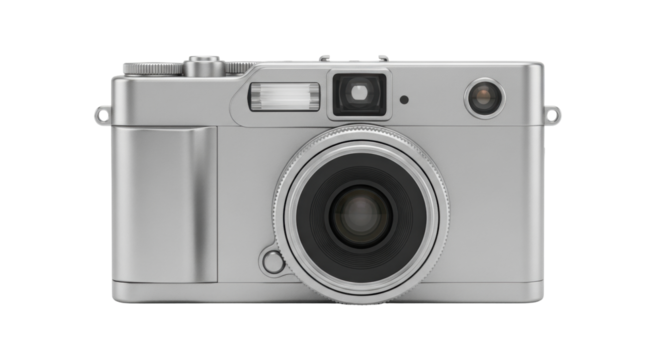 Isolated compact photo device, silver color, stylish design, for hobbyist and professional users