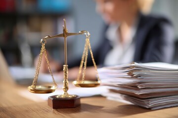 Scales of justice atop a wood desk next to a tall stack of papers with a woman in a suit blurred in the background