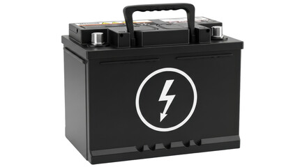Isolated modern auto battery for a vehicle with lightning bolt in the center sign graphic