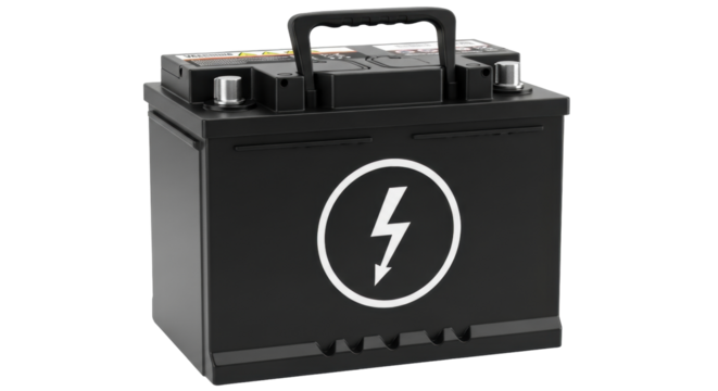 Isolated modern auto battery for a vehicle with lightning bolt in the center sign graphic
