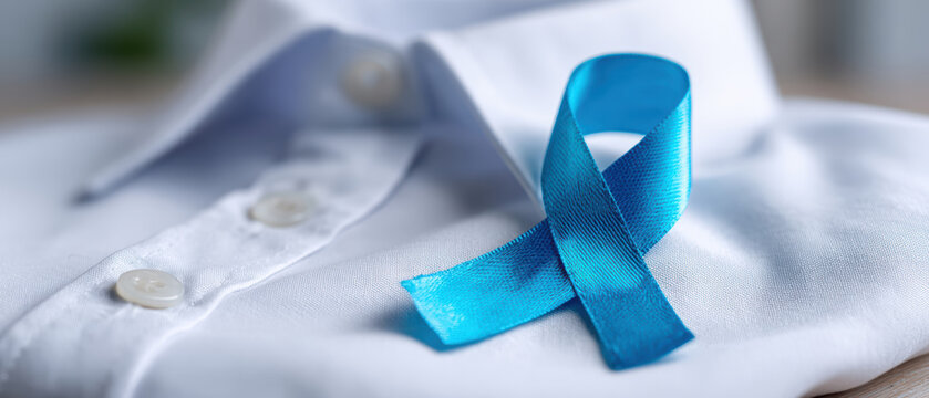 Light blue ribbon symbolizing hope for prostate cancer awareness on white shirt. solemn concept showing support for men health month and serious fight against illness