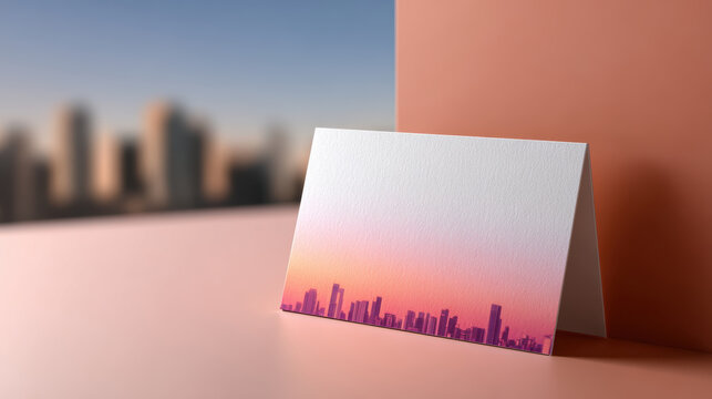 Blank real estate business card mockup against wall. elegant design features city skyline at sunset perfect for corporate identity and professional branding presentation - Powered by Adobe