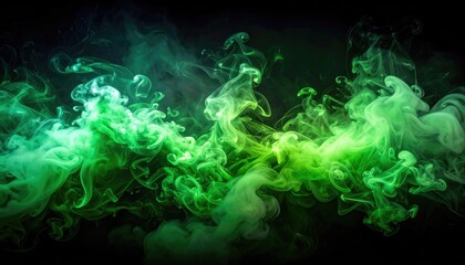 Abstract swirling vibrant green smoke on black background