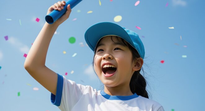 An elementary school student wearing a gym uniform and cap smiles while holding the baton after winning a race. Paper firecrackers fly behind her. - Powered by Adobe