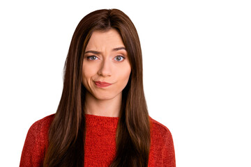 No that is not right. Close up photo of serious pensive minded girl think feel uncertain about work...