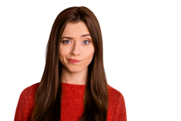 No that is not right. Close up photo of serious pensive minded girl think feel uncertain about work trouble question wear red outfit isolated over yellow color background