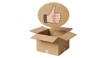 Isolated cardboard box with thumbs-up gesture, showing approval and positive feedback delivery