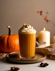 Cozy Autumn Pumpkin Spice Latte on Rustic Countertop – Warm Fall Coffee Drink Photography