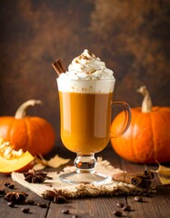 Cozy Autumn Pumpkin Spice Latte on Rustic Countertop – Warm Fall Coffee Drink Photography