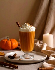 Cozy Autumn Pumpkin Spice Latte on Rustic Countertop – Warm Fall Coffee Drink Photography
