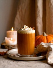 Cozy Autumn Pumpkin Spice Latte on Rustic Countertop – Warm Fall Coffee Drink Photography