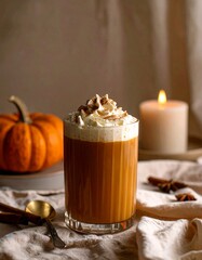 Cozy Autumn Pumpkin Spice Latte on Rustic Countertop – Warm Fall Coffee Drink Photography