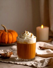 Cozy Autumn Pumpkin Spice Latte on Rustic Countertop – Warm Fall Coffee Drink Photography