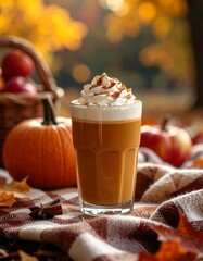Cozy Autumn Pumpkin Spice Latte on Rustic Countertop – Warm Fall Coffee Drink Photography