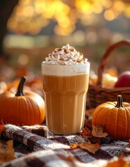 Cozy Autumn Pumpkin Spice Latte on Rustic Countertop – Warm Fall Coffee Drink Photography