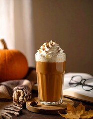 Cozy Autumn Pumpkin Spice Latte on Rustic Countertop – Warm Fall Coffee Drink Photography