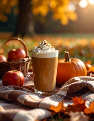 Cozy Autumn Pumpkin Spice Latte on Rustic Countertop – Warm Fall Coffee Drink Photography