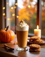 Cozy Autumn Pumpkin Spice Latte on Rustic Countertop – Warm Fall Coffee Drink Photography