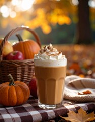 Cozy Autumn Pumpkin Spice Latte on Rustic Countertop – Warm Fall Coffee Drink Photography