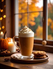 Cozy Autumn Pumpkin Spice Latte on Rustic Countertop – Warm Fall Coffee Drink Photography