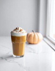 Cozy Autumn Pumpkin Spice Latte on Rustic Countertop – Warm Fall Coffee Drink Photography