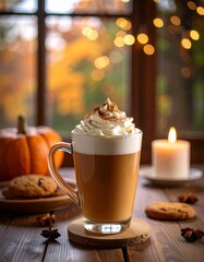 Cozy Autumn Pumpkin Spice Latte on Rustic Countertop – Warm Fall Coffee Drink Photography