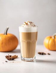 Cozy Autumn Pumpkin Spice Latte on Rustic Countertop – Warm Fall Coffee Drink Photography