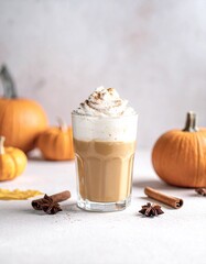 Cozy Autumn Pumpkin Spice Latte on Rustic Countertop – Warm Fall Coffee Drink Photography