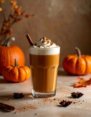 Cozy Autumn Pumpkin Spice Latte on Rustic Countertop – Warm Fall Coffee Drink Photography