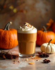 Cozy Autumn Pumpkin Spice Latte on Rustic Countertop – Warm Fall Coffee Drink Photography