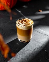Cozy Autumn Pumpkin Spice Latte on Rustic Countertop – Warm Fall Coffee Drink Photography