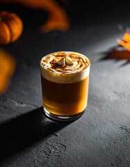 Cozy Autumn Pumpkin Spice Latte on Rustic Countertop – Warm Fall Coffee Drink Photography