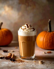 Cozy Autumn Pumpkin Spice Latte on Rustic Countertop – Warm Fall Coffee Drink Photography