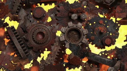 Heat buildup causing metal gears and cogs glowing inside forge chamber, with flickering flames - Powered by Adobe