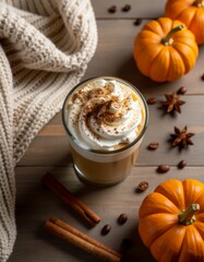 Cozy Autumn Pumpkin Spice Latte on Rustic Countertop – Warm Fall Coffee Drink Photography