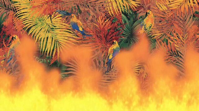 Igniting bright orange-yellow flames consuming tropical wallpaper, obscuring perched parrots