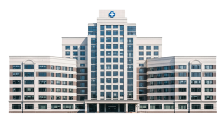 Isolated hospital building with cross rooftop emblem, medical center against bright sky