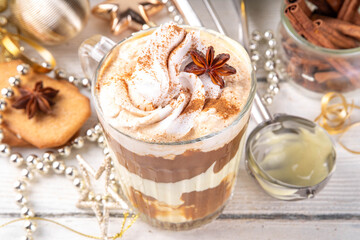 Bourbon Eggnog Affogato Cocktail with Eggnog taste ice cream, whipped cream and traditional Christmas spices, copy space