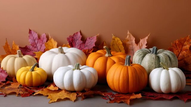 Autumn harvest: colorful pumpkins and leaves in seasonal display