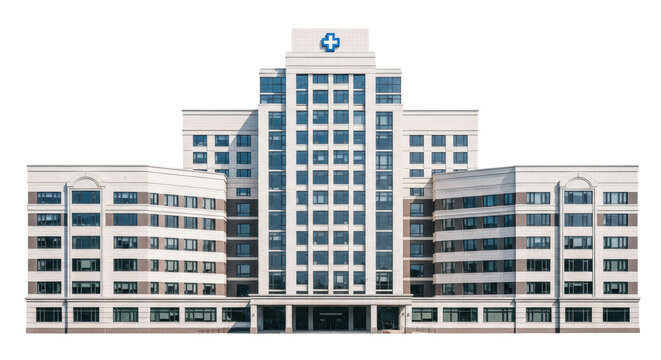 Isolated hospital building with cross rooftop emblem, medical center against bright sky
