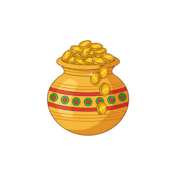 ultra clean minimal vector illustration of earthen pot filled with gold coins isolated on white